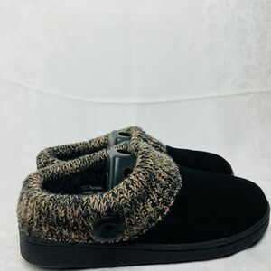Clarks Women's Slip-On Slippers Knit Cuff Button Faux Fur Leather Black Brown 7M